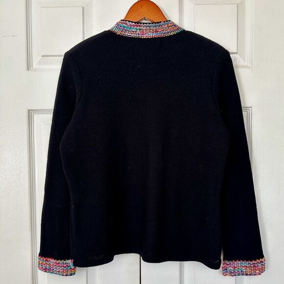 Vintage Cardigan Sweater The Michael Collection Black Rainbow Boucle Trim Size M - Picture 3 of 7